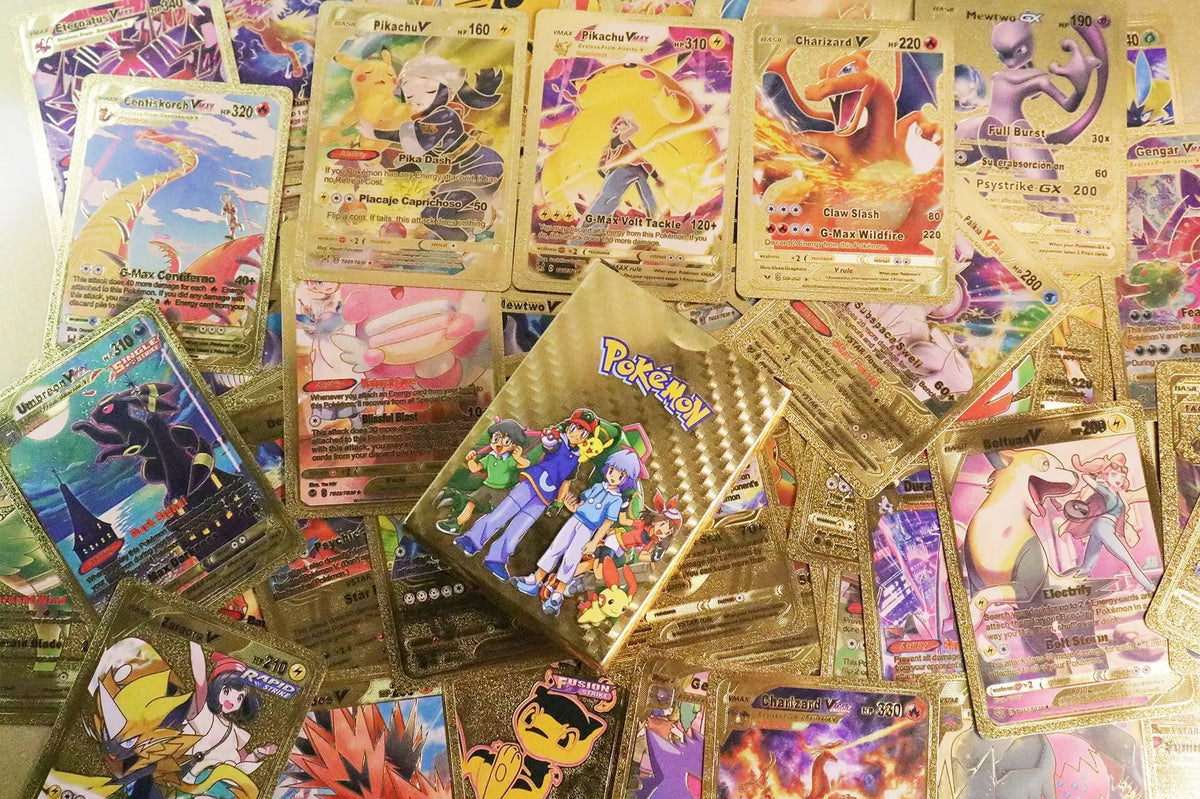 •55 pcs Pokemon Metal Gold Black Vmax GX Card Box Mewtwo Charizard Pikachu Rare Collection Battle Trainer Children Toys Gift