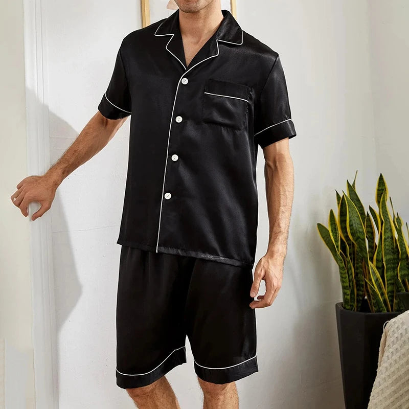Herr Satinpyjamas Sommar – Kortärmad Skjorta & Shorts 2-delad, 4 Färger S–XL