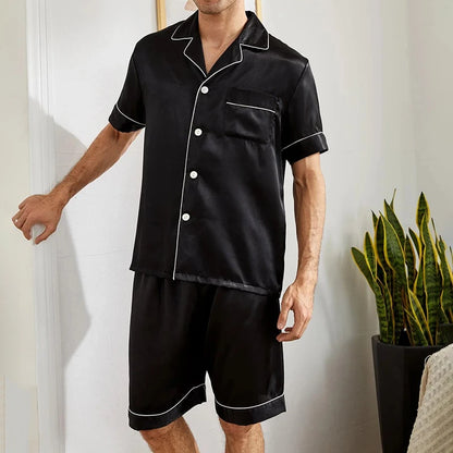 Herr Satinpyjamas Sommar – Kortärmad Skjorta & Shorts 2-delad, 4 Färger S–XL