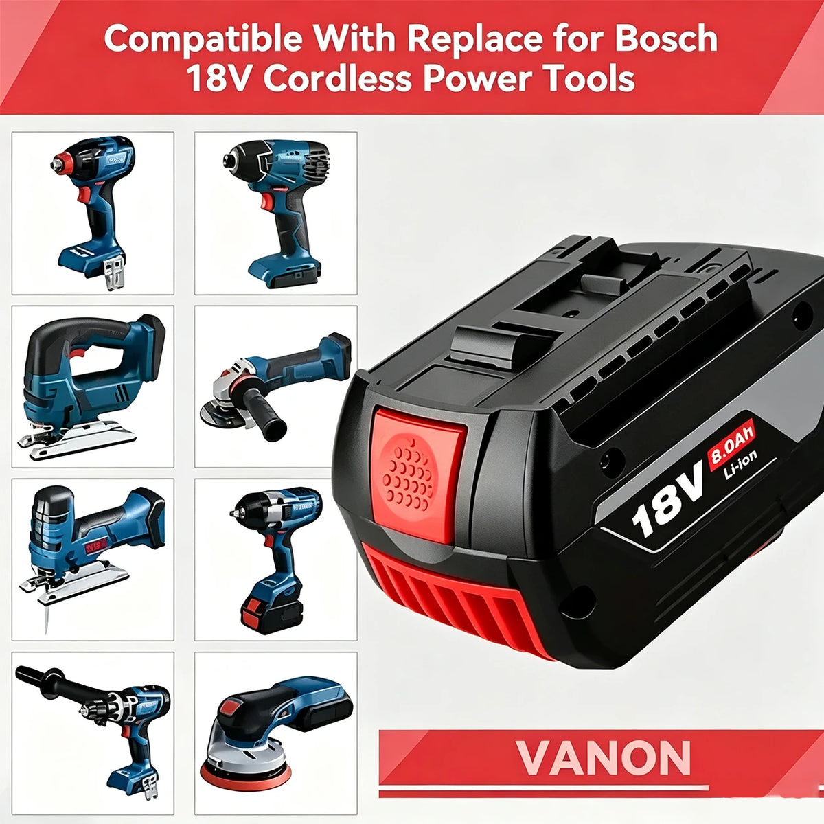 18V 8.0Ah Suitable for Bosch Battery GBA Professional GBA GSR GSB BAT609G BAT622 BAT618G with LED Power Display