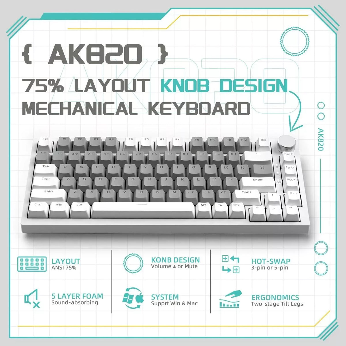 AJAZZ AK820 mekaniskt tangentbord – 75 % ANSI, volymvred och hot-swap