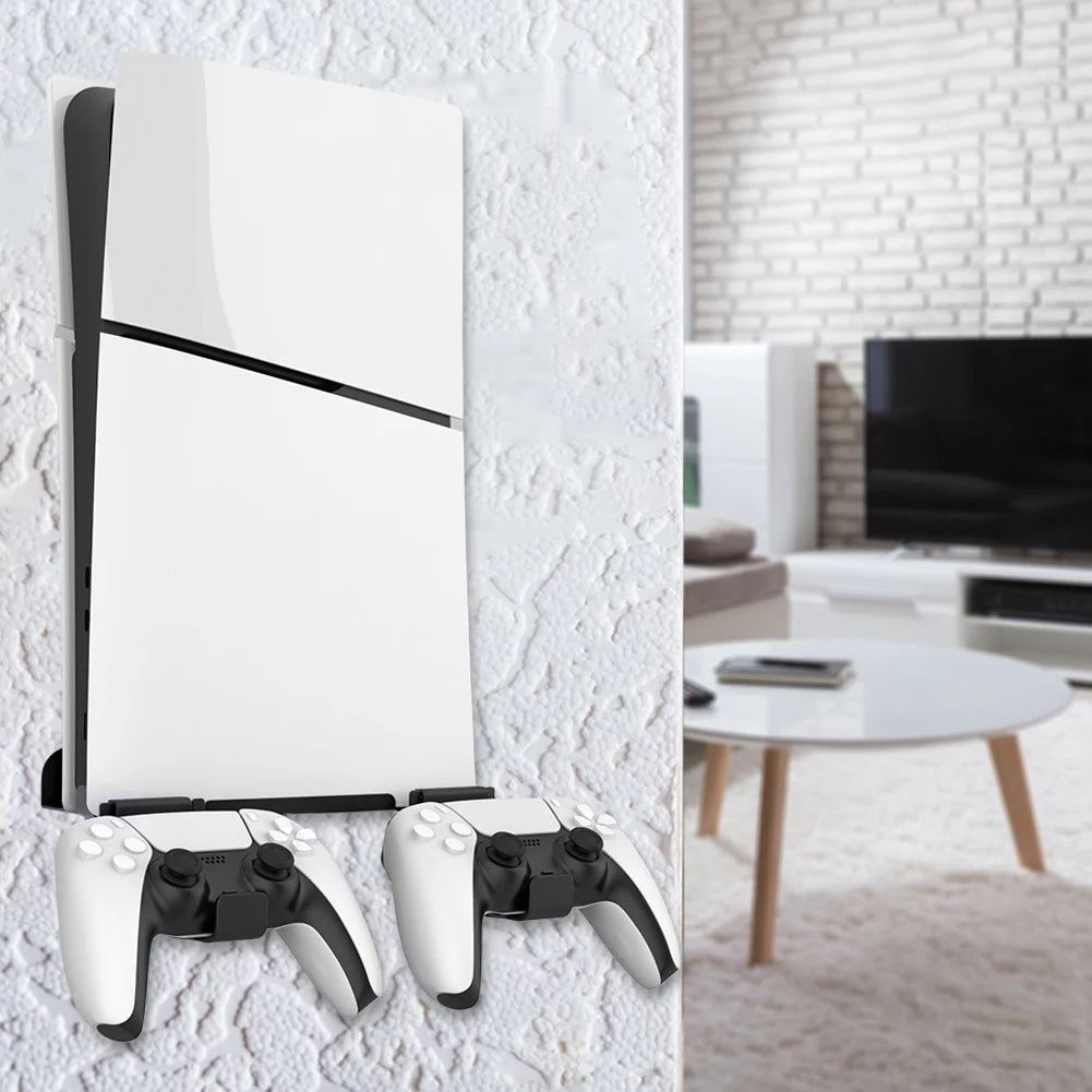 Wall Mount Bracket Display Stand Base with Controller Holder Wall Hanging Stand for PS5 Slim Digital Edition and Disc Edition