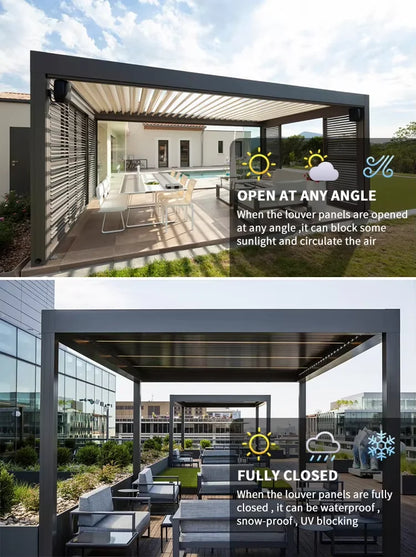 Bioklimatisk fristående metallpaviljong snölasttålig pergola för utemiljöer