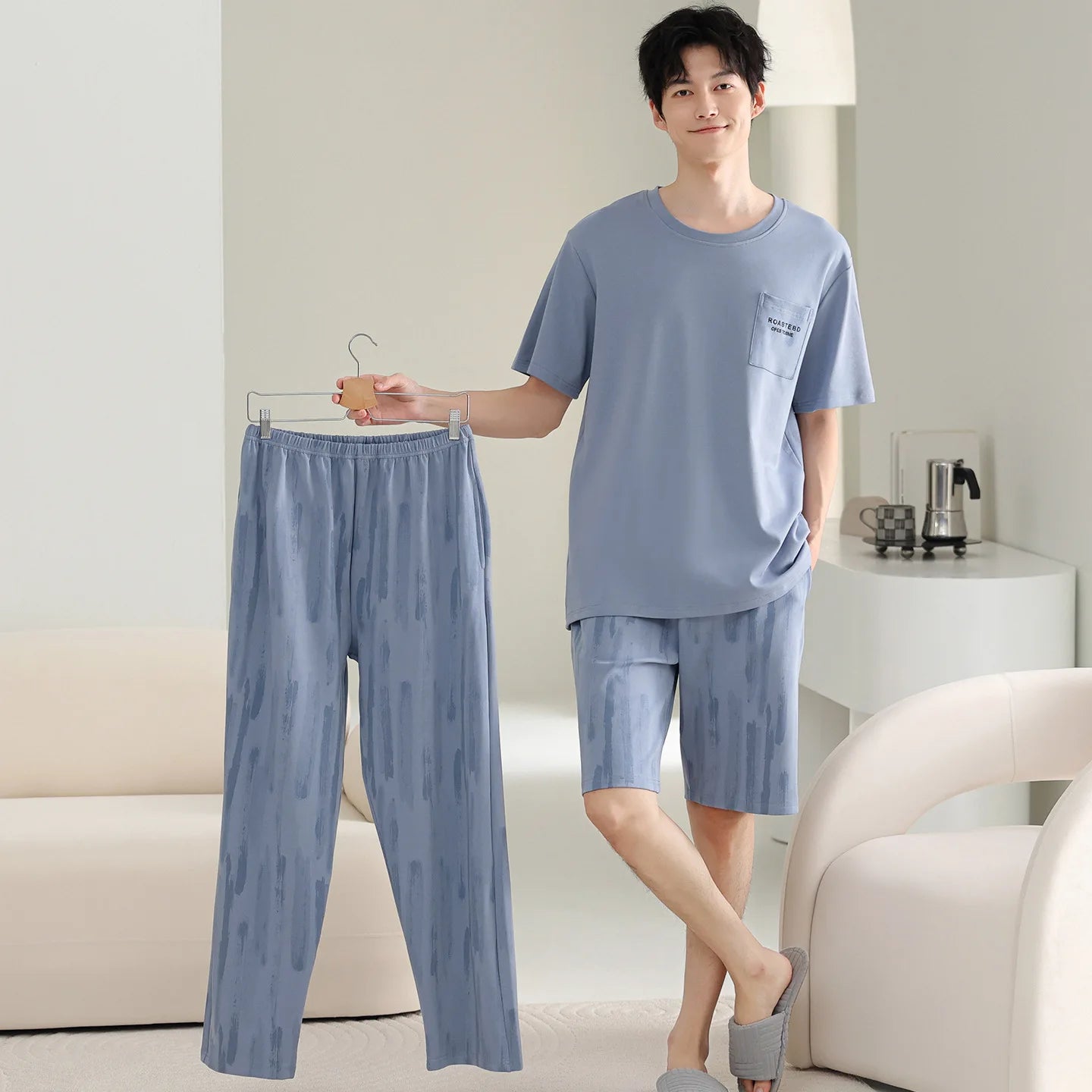 Antibacterial Cotton Pajamas for Men Summer Short Sleeve Shorts Long Pant Three-Piece Set Simple Solid Color Loose Homewear