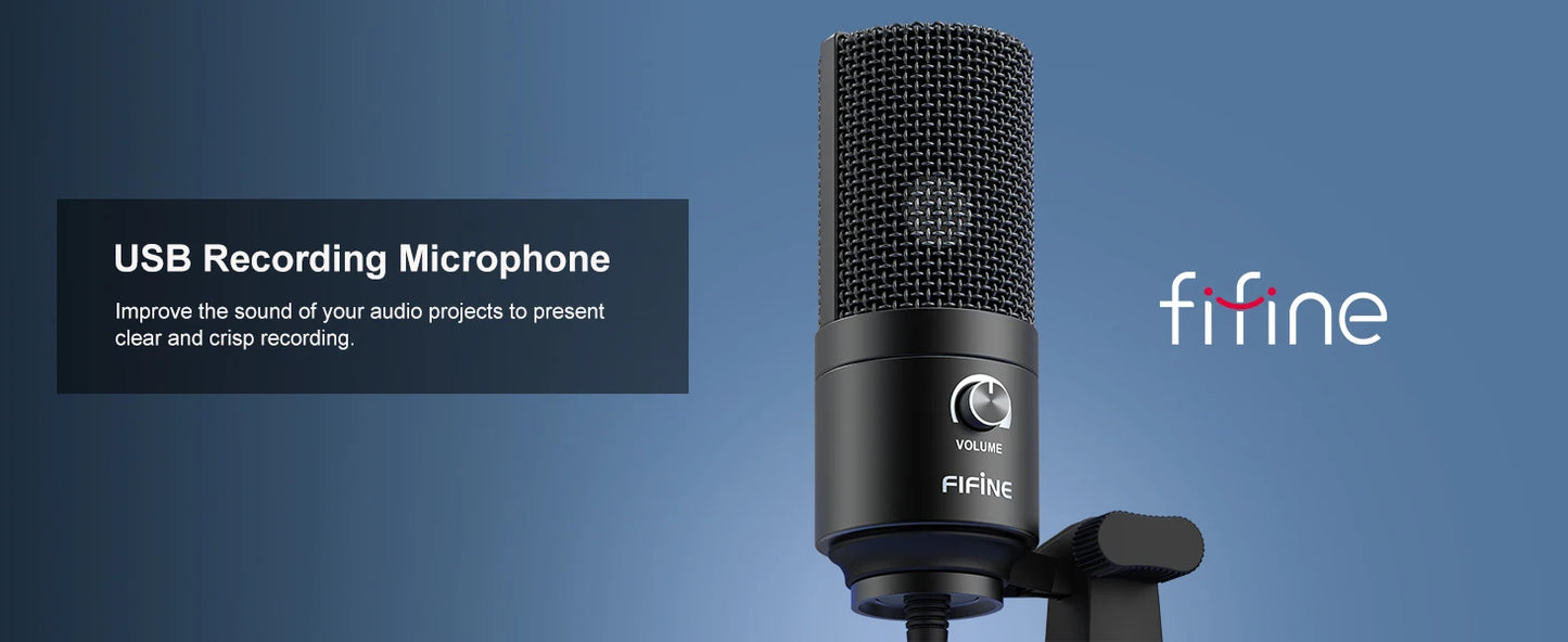 FIFINE USB Condenser Microphone with Gain Knob,Metal Recording Mic for Home Studio,Podcasting,Voice-over,Laptop,Windows -K669