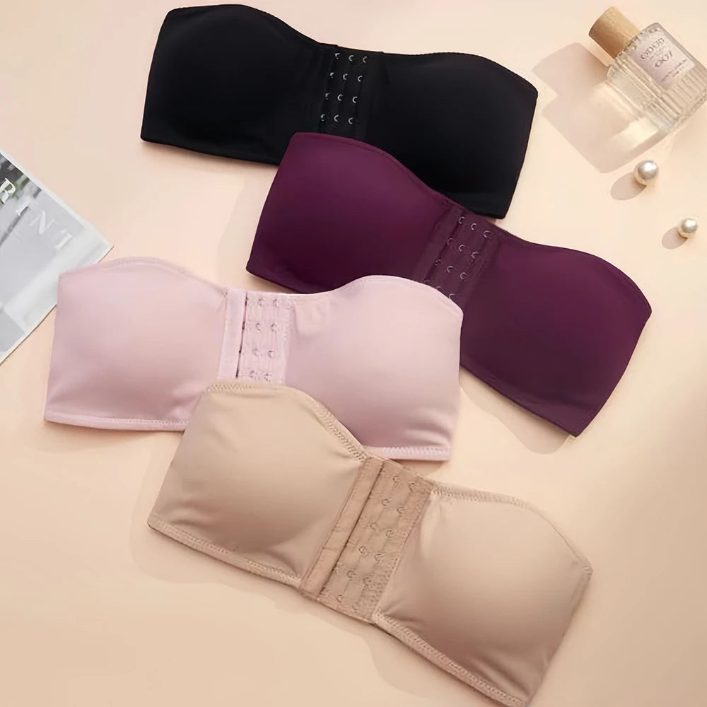 Plus Size Women's Front Fastening Bandeau Bras Strapless Push Up Wirefree Comfortable Bra Strapless Everyday Padded Bralette