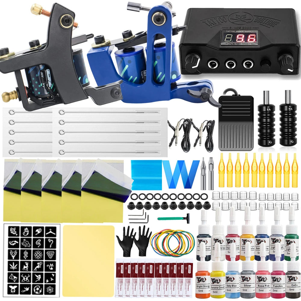 Complete Tattoo Machine Kit Power Supply with Tattoo Needles Ink Accessories Set for Tattoo Body Art Tool Permanent Makeup Kit
