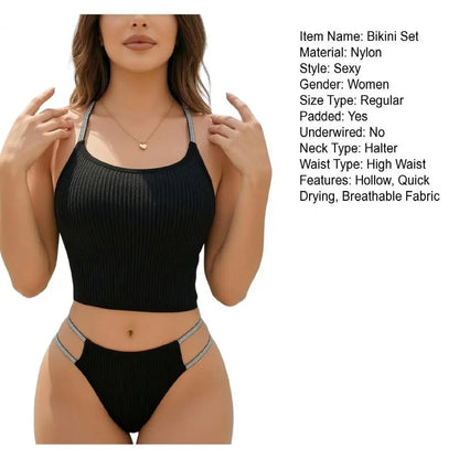Diamonds Stylish Thin Strap Bikini Set Shiny Strap Swimwear Women Padded Top with Cheeky Cut Bottom Silver Strap Bikinis