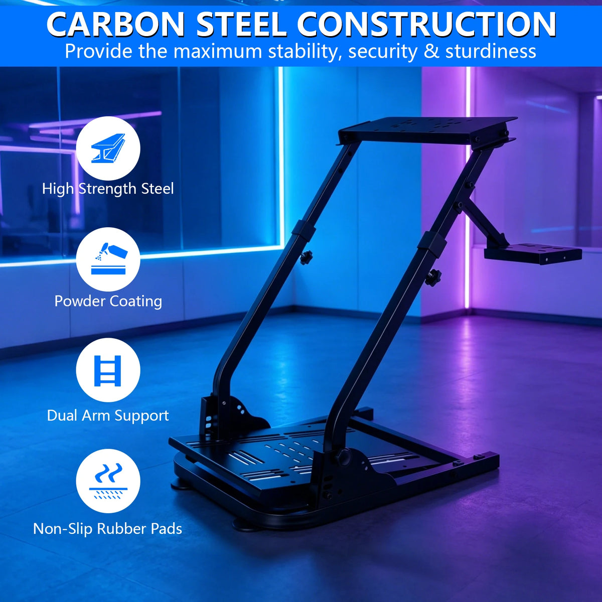 Foldable Racing Steering Wheel Stand Adjustable Universal Steering Wheel Mount Carbon Steel Racing Simulator Stand Anti-slip Feet for Gaming Racing Enthusiasts
