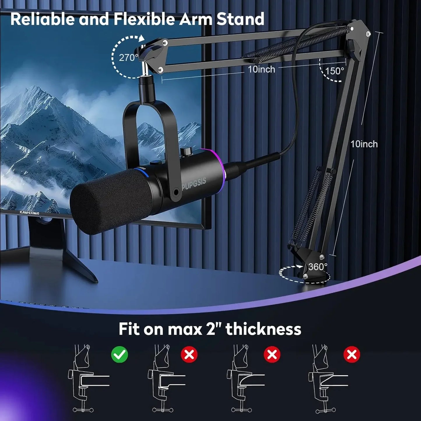 XLR/USB Gaming Microphone Kit: Dynamic PC Mic for Streaming Podcasting,  Mute Button, Reverb Effects, RGB Computer Mic with Arm