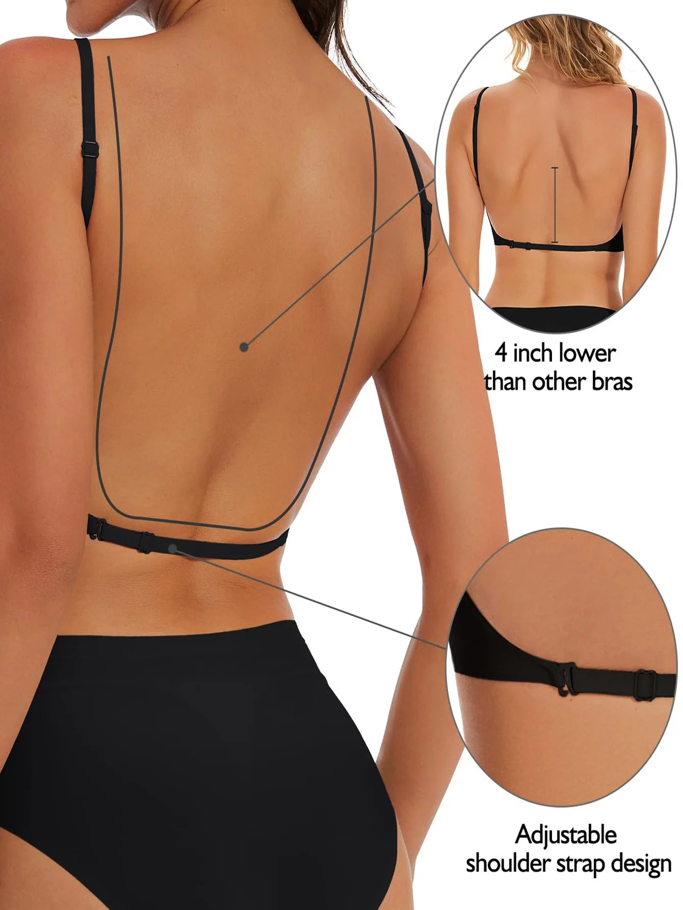 Women Invisible Bra Deep U Plunge Bras Backless Top for Dresses Sexy Lingerie with Transparent Strap Push Up Strapless Underwea