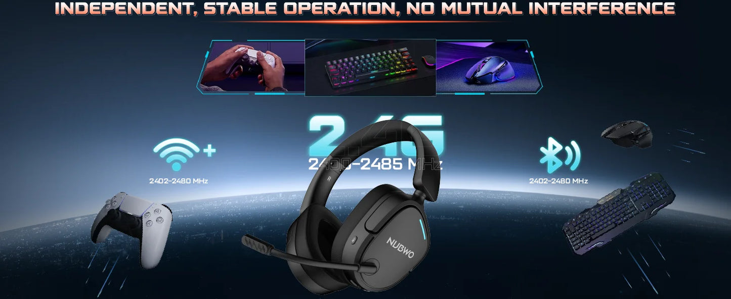 NUBWO HG04 Trådlöst Gaming Headset – Dubbel 2.4GHz & Bluetooth 5.3 80h Batteritid 3 EQ-lägen Riktad Mikrofon PS5 PC Xbox Switch