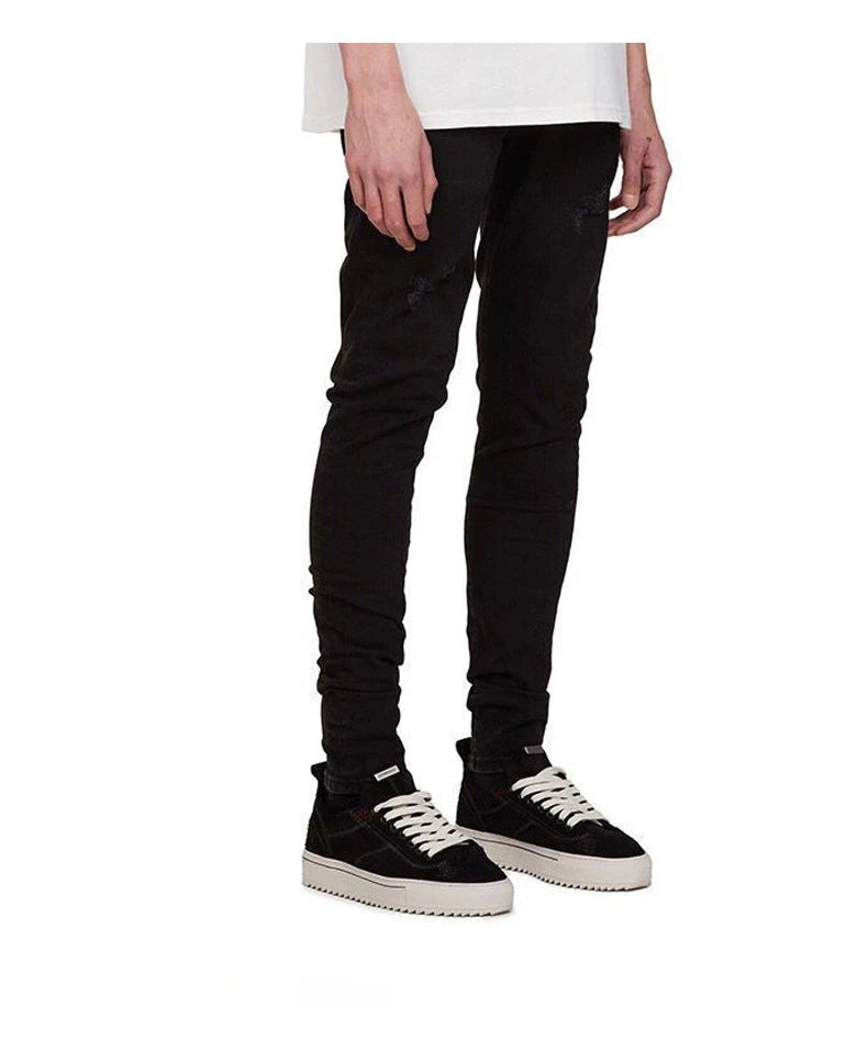 2026 High Quality Men's Jeans Pure Black Ripped Stretch Jeans Men Denim Trousers High Street Style Hip Hop Street Dance Man Jean