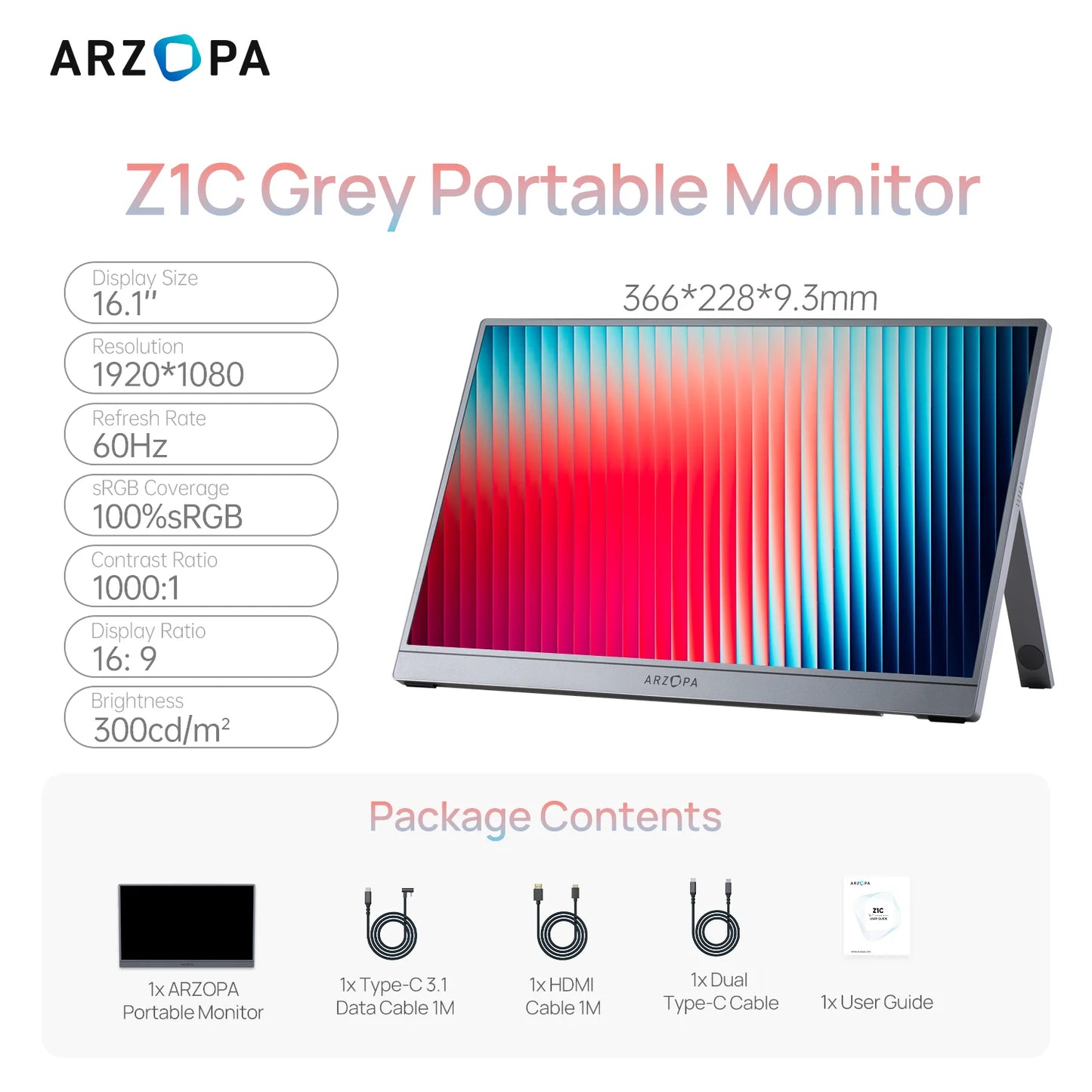 ARZOPA 16.1 inch 1920×1080 Portable Monitor HDR10 60HZ 100% SRGB External Second Screen for Laptop, PC, PS5, Mac, Xbox-Z1C Grey
