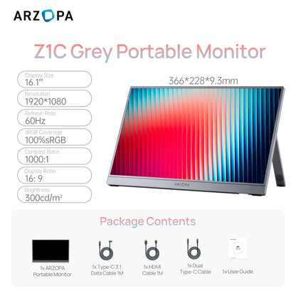 ARZOPA 16.1 inch 1920×1080 Portable Monitor HDR10 60HZ 100% SRGB External Second Screen for Laptop, PC, PS5, Mac, Xbox-Z1C Grey