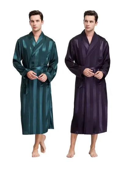 Plus Size 3XL 4XL 5XL Men Robe Sleepwear Navy Blue Stripe Kimono Bathrobe Gown with Pocket Summer Satin Home Clothes Lounge Wear