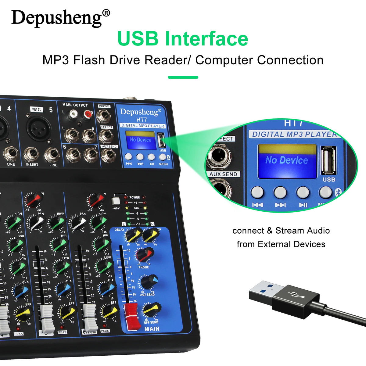 Depusheng HT7 7-kanals ljudmixer med Bluetooth och USB