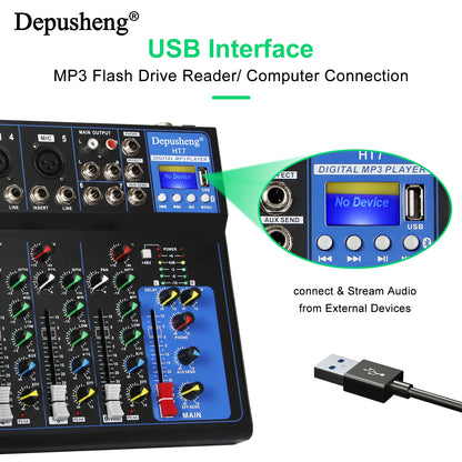 Depusheng HT7 Bluetooth Ljudmixer USB DJ Ljudkonsol 7-kanaler