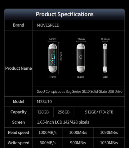 MOVESPEED SU10 1090MB/s Solid State Pen Drive 2TB 1TB 512GB 256GB 128GB LCD USB 3.2 Gen2 Type C Flash Drive for iPhone 17 16 15 Smartphone Laptop PC