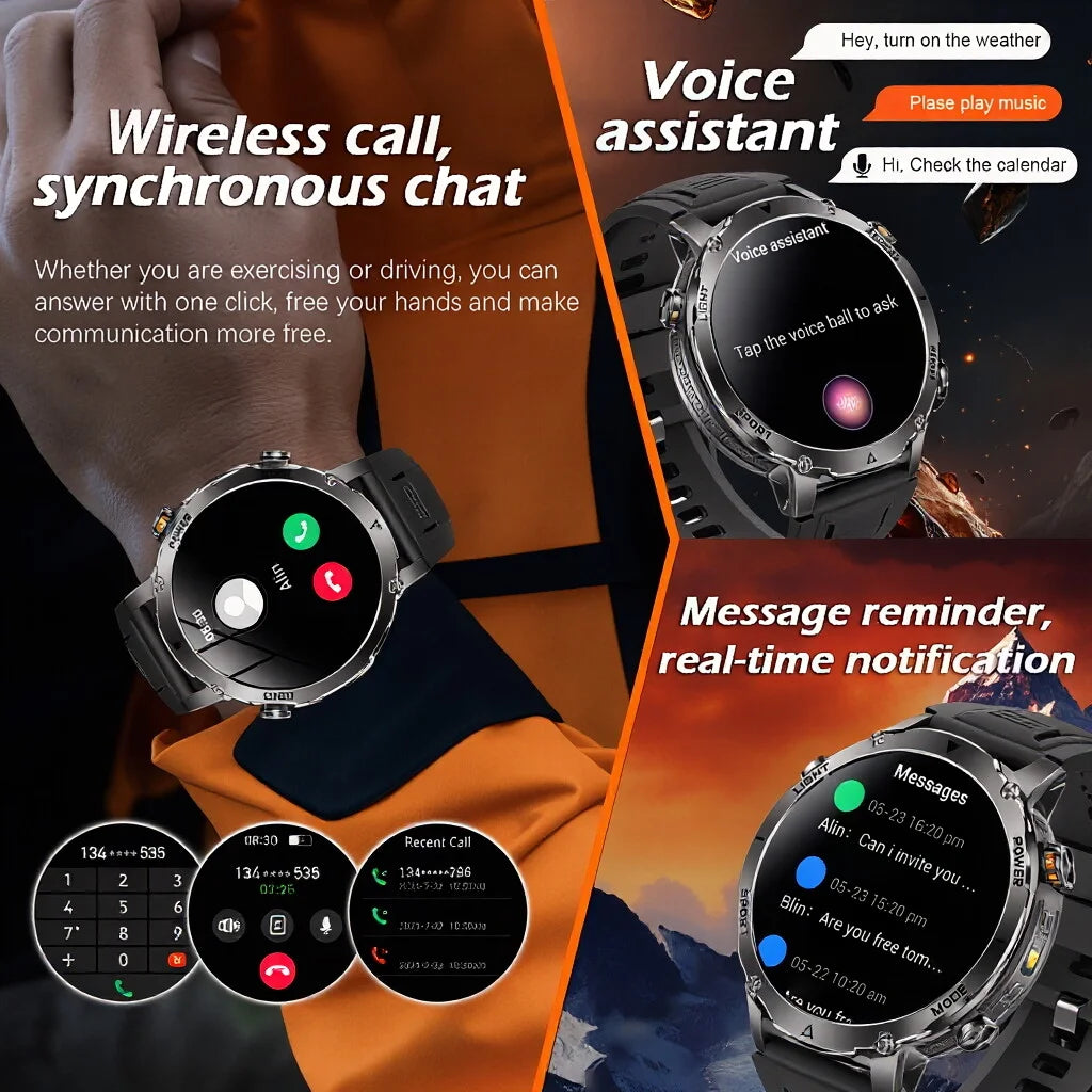 New 1400 mAh Battery Military Smartwatch Men IP68 Waterproof Flashlight Health Monitor Sports Call Smart Watch For iOS Android