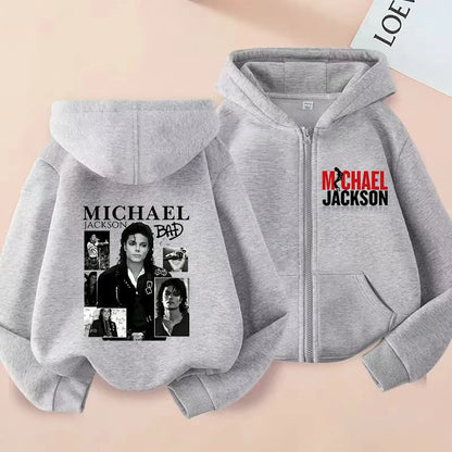 Michael Jackson Thin Long Sleeve Zipper Jacket Boys Hooded Clothes Autumn Spring Singer MJ Zip Up Streetwear with Pocket Tops