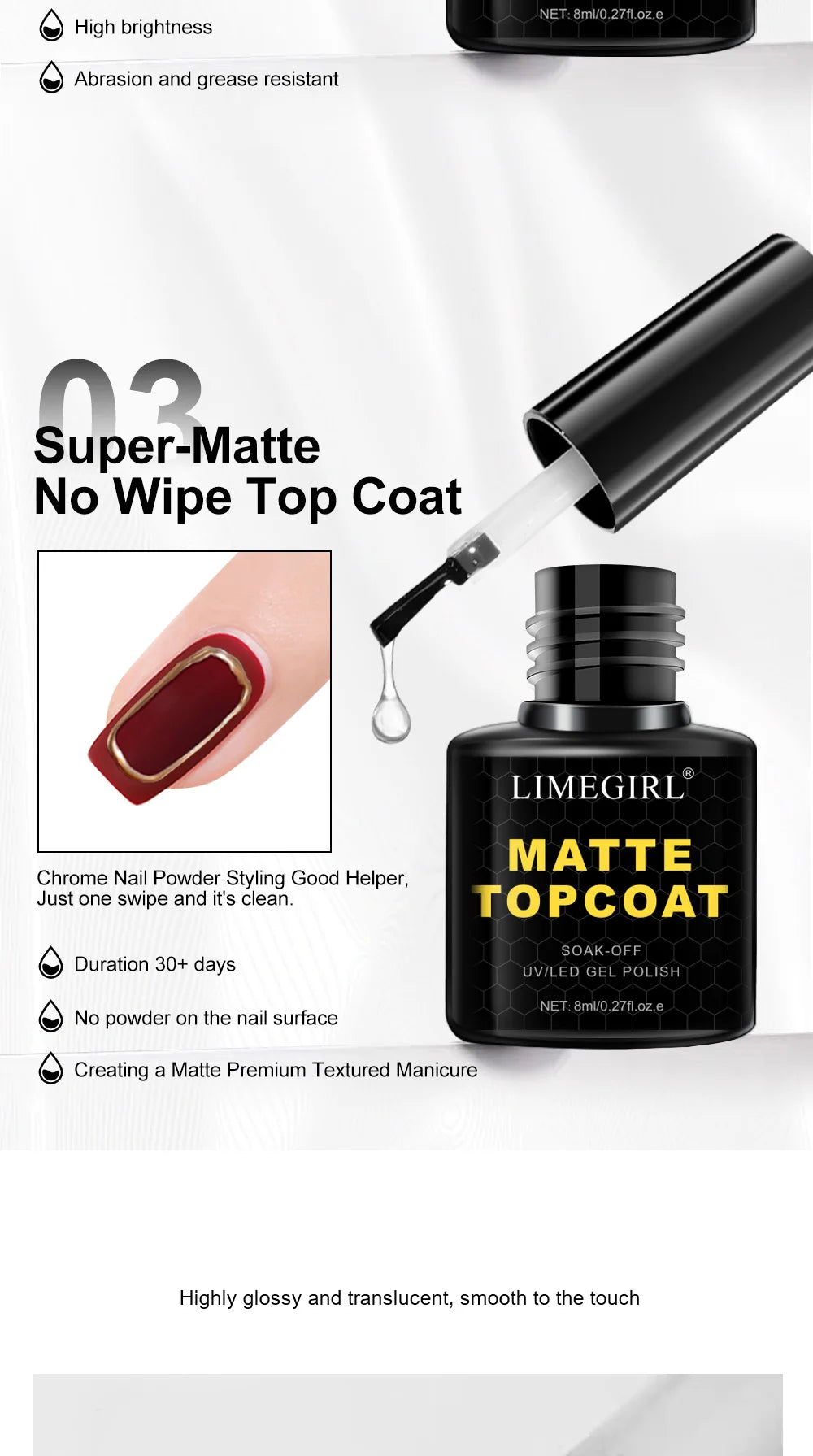 LIMEGIRL 8ml Soak Off Matte Top Base Coat for Nails UV Gel Polish Semi Permanent Functional Manicure Top Base Coat Varnish