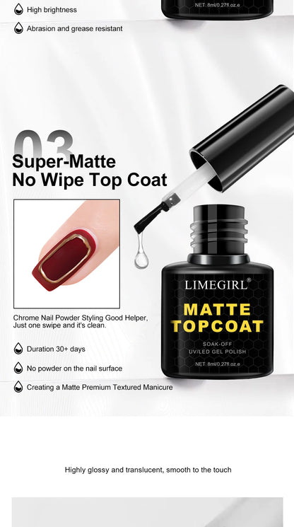 LIMEGIRL 8ml Soak Off Matte Top Base Coat for Nails UV Gel Polish Semi Permanent Functional Manicure Top Base Coat Varnish