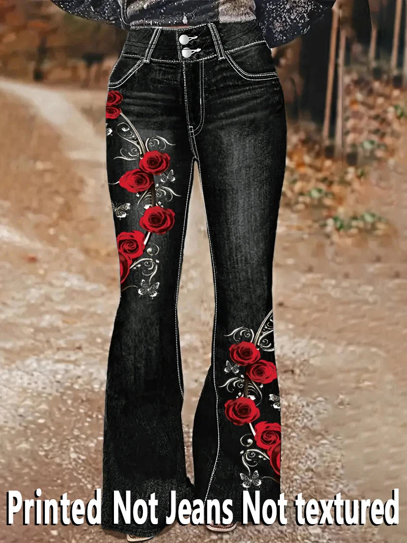 1253 [Printed Pants - Not Denim Fabric] Floral Print Flare Pants - Non-Denim Fabric, Women's Trousers,