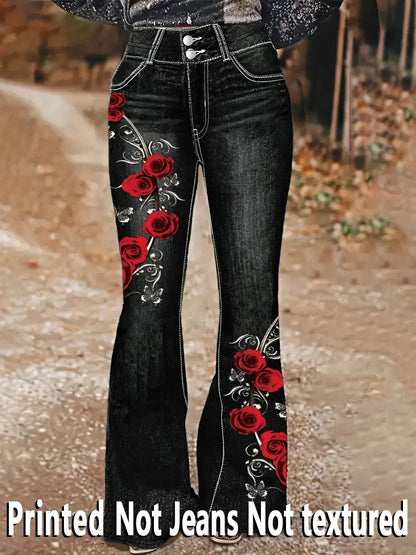 1253 [Printed Pants - Not Denim Fabric] Floral Print Flare Pants - Non-Denim Fabric, Women's Trousers,