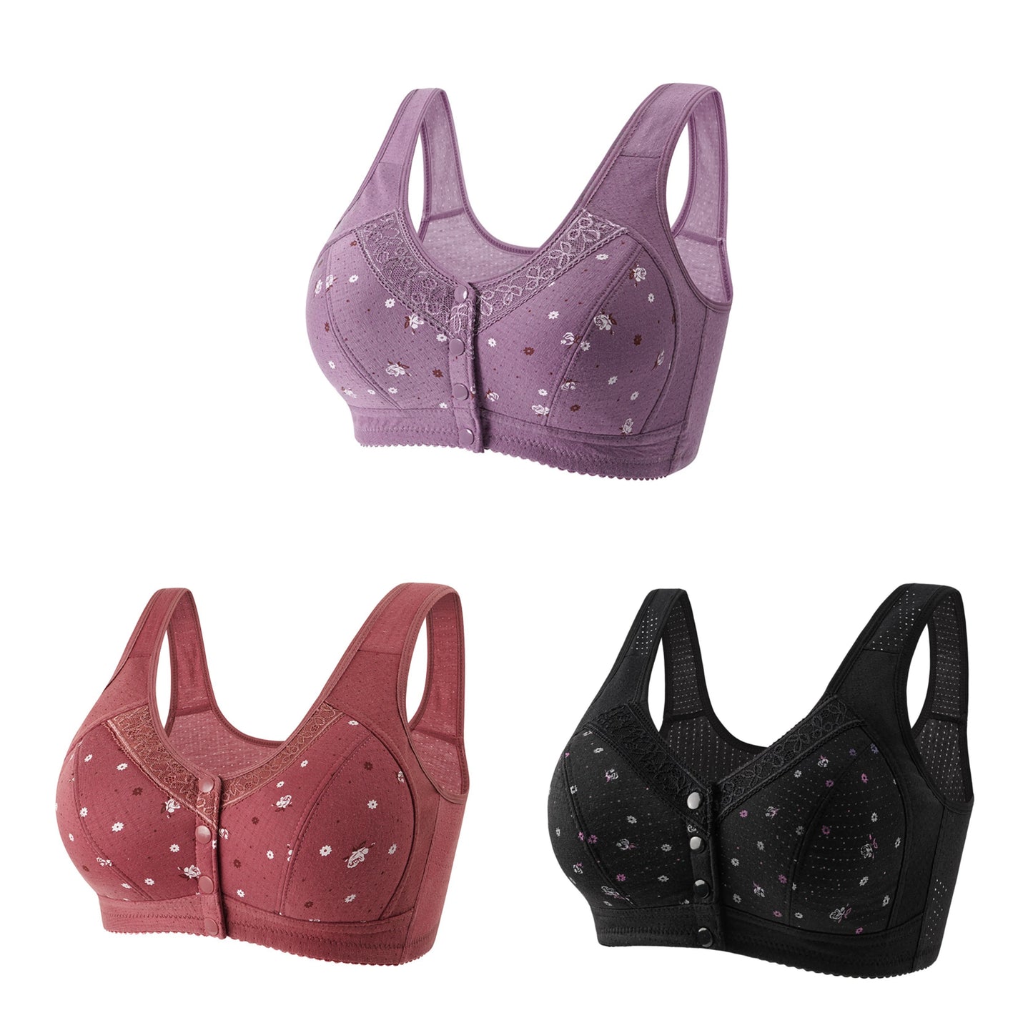 FallSweet 3Pcs/Set Front Closure Bra for Women Plus Size Bras Seamless Wireless Bralette Lace Brassiere Sexy Ladies Lingerie