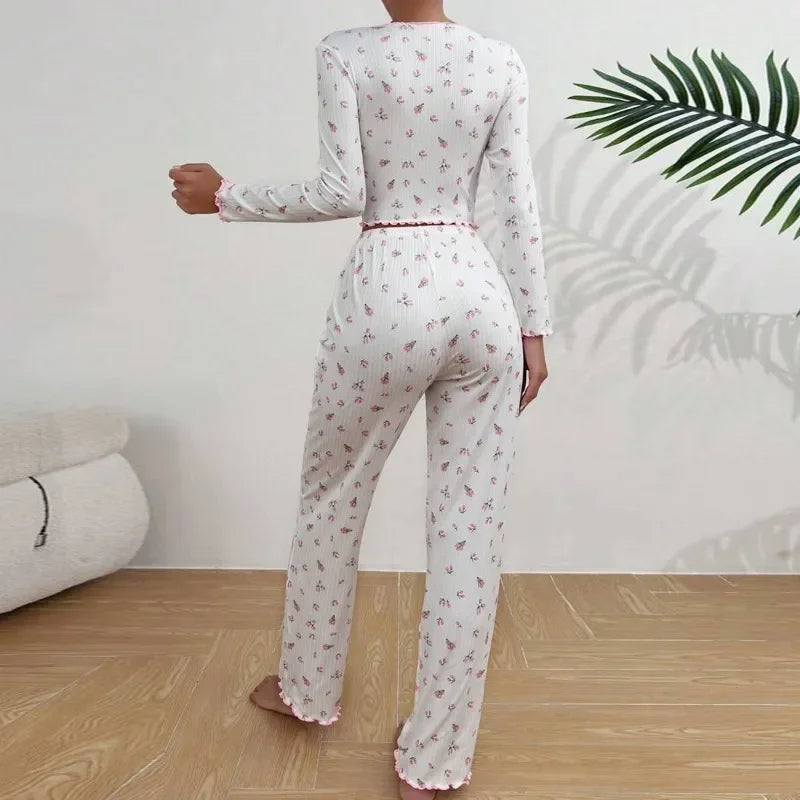 Dam Pyjamas 2-delat Set Höst & Vinter – Blommigt Tryck, Långärmad Loungewear