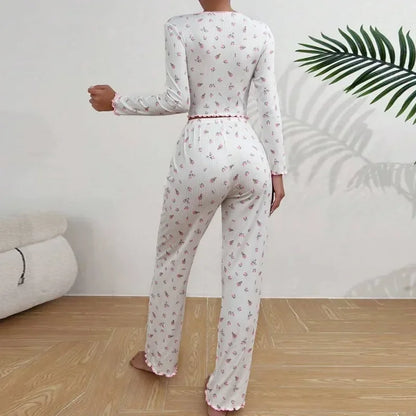 Blommigt pyjamasset dam – långärmad överdel och långbyxor, S–XL