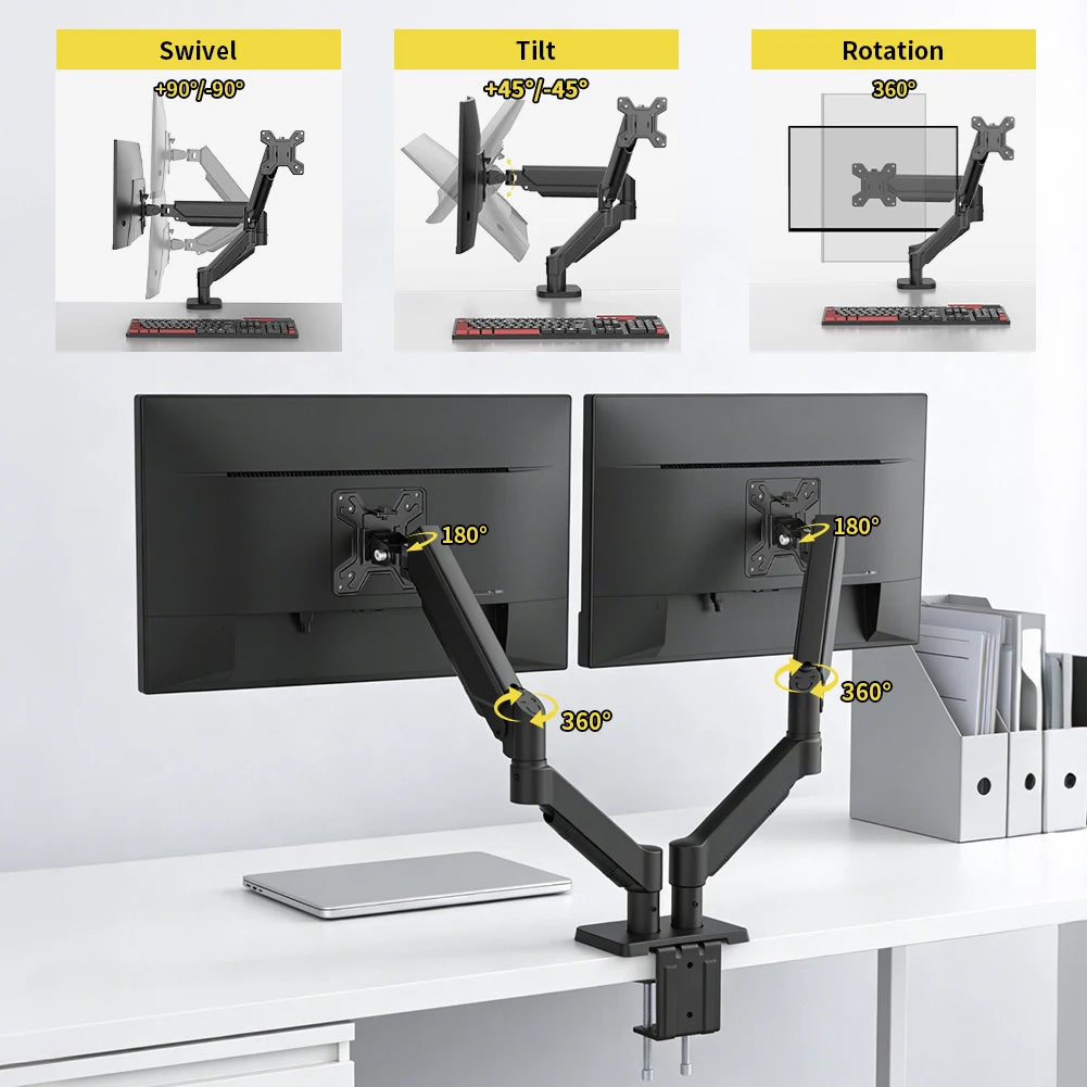 Dual Monitor Mount Stand for 13-32 Inch Screens, Fully Adjustable Double Monitor Bracket with 180° Swivel Tilt & 360° Rotation, Space Saving Desktop Screen Holder for Home Office Gaming Workstation