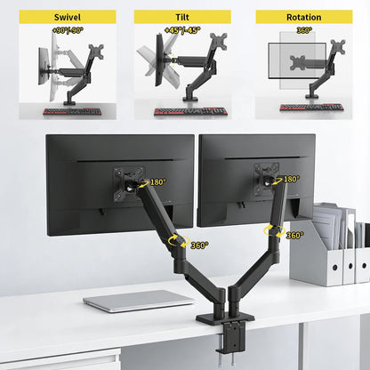 Dual Monitor Mount Stand for 13-32 Inch Screens, Fully Adjustable Double Monitor Bracket with 180° Swivel Tilt & 360° Rotation, Space Saving Desktop Screen Holder for Home Office Gaming Workstation