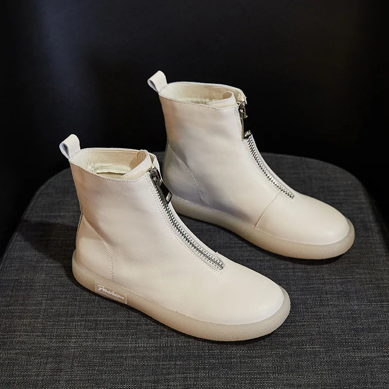 ZXRYXGS British Style Front Zipper Genuine Leather Boots Flat Sneakers 2026 Temperament Trend Autumn Winter Boots Black White