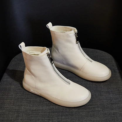 ZXRYXGS British Style Front Zipper Genuine Leather Boots Flat Sneakers 2026 Temperament Trend Autumn Winter Boots Black White