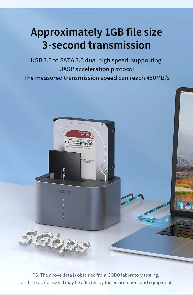 GODO USB 3.0 Dubbel Fack Typ C Hårddiskdocka för 2.5/3.5 tums SATA-enheter