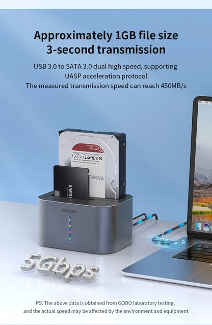 GODO USB 3.0 Dubbel Fack Typ C Hårddiskdocka för 2.5/3.5 tums SATA-enheter