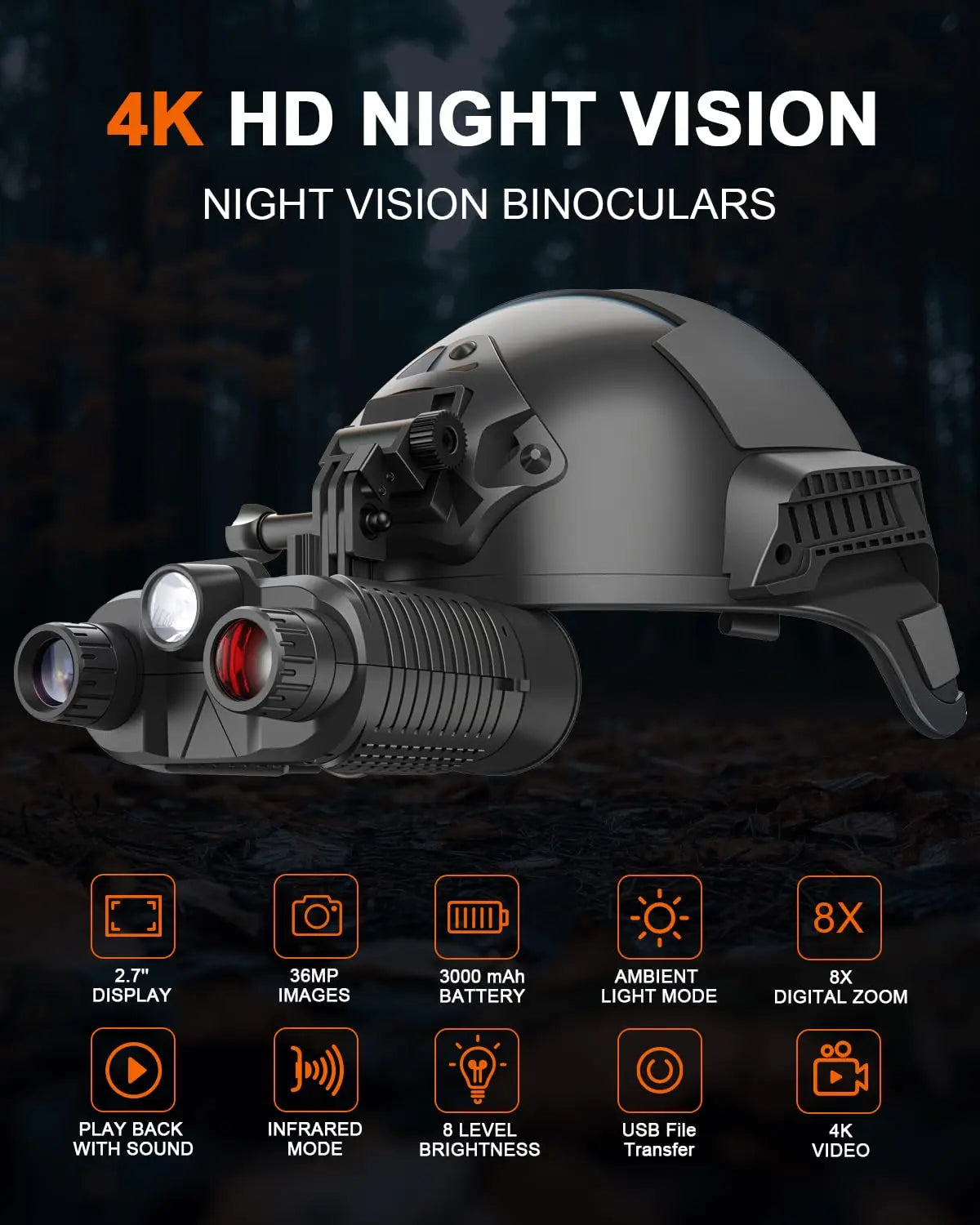 New 4K UHD Helmet Mounted Night Vision Binoculars 36MP Head Mounted Tactical 400M Hunting Infrared Digital NVG Goggles NV8161