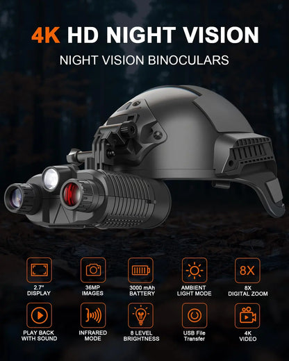 New 4K UHD Helmet Mounted Night Vision Binoculars 36MP Head Mounted Tactical 400M Hunting Infrared Digital NVG Goggles NV8161
