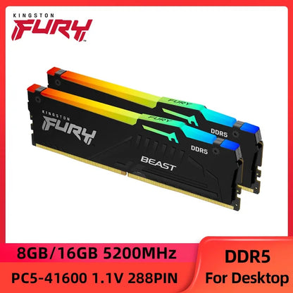 Kingston FURY Beast DDR5 RGB 8GB 16GB 4800 5200 5600MHz Desktop AMD Intel CPU Motherboard Memory RAM 288PIN 1.1V