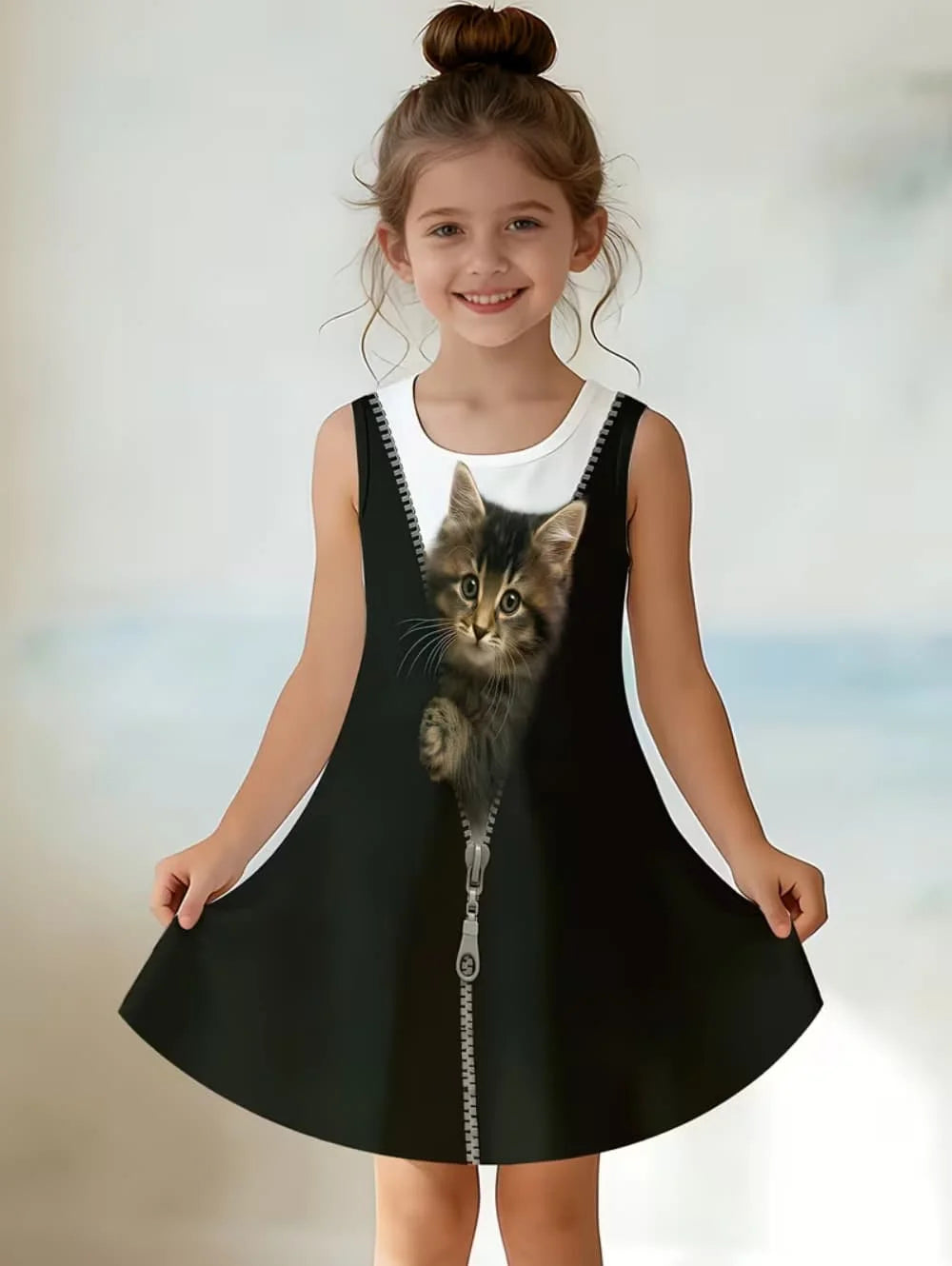 Girl Clothes Cartoon Cat Graphic Printed Girls' Princess Dress Summer Casual Dress for Girls Outfit O-Neck Birthday Gift Clothes