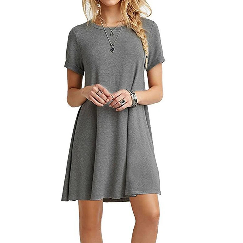 Casual Kortärmad T-shirtklänning – Vintage Tryck, O-ringning, Lös Passform, 10 Färger, S–XXL