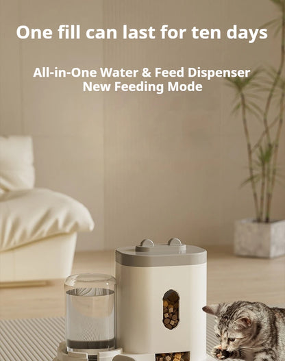 2-in-1 Large Capacity Cat Automatic Feeder, Water Dry Wet Separation Design No Battery Required - For Cats Small Dogs