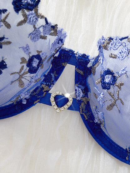 CasLand blått underklädesset dam med blombroderi – bygel-bh och stringtrosa, ZA824026