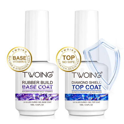 TWOING Rubber Base Coat & No Wipe Top Coat Set 15ml+15ml, Builder Base Gel, Diamond Shine, UV LED Soak Off, Long-Lasting
