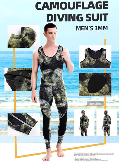 HOT 3mm Camouflage Wetsuit Long Sleeve Fission Neoprene Submersible Diving for Men Keep Warm Tops and Pants 2-pieces Sun Protect
