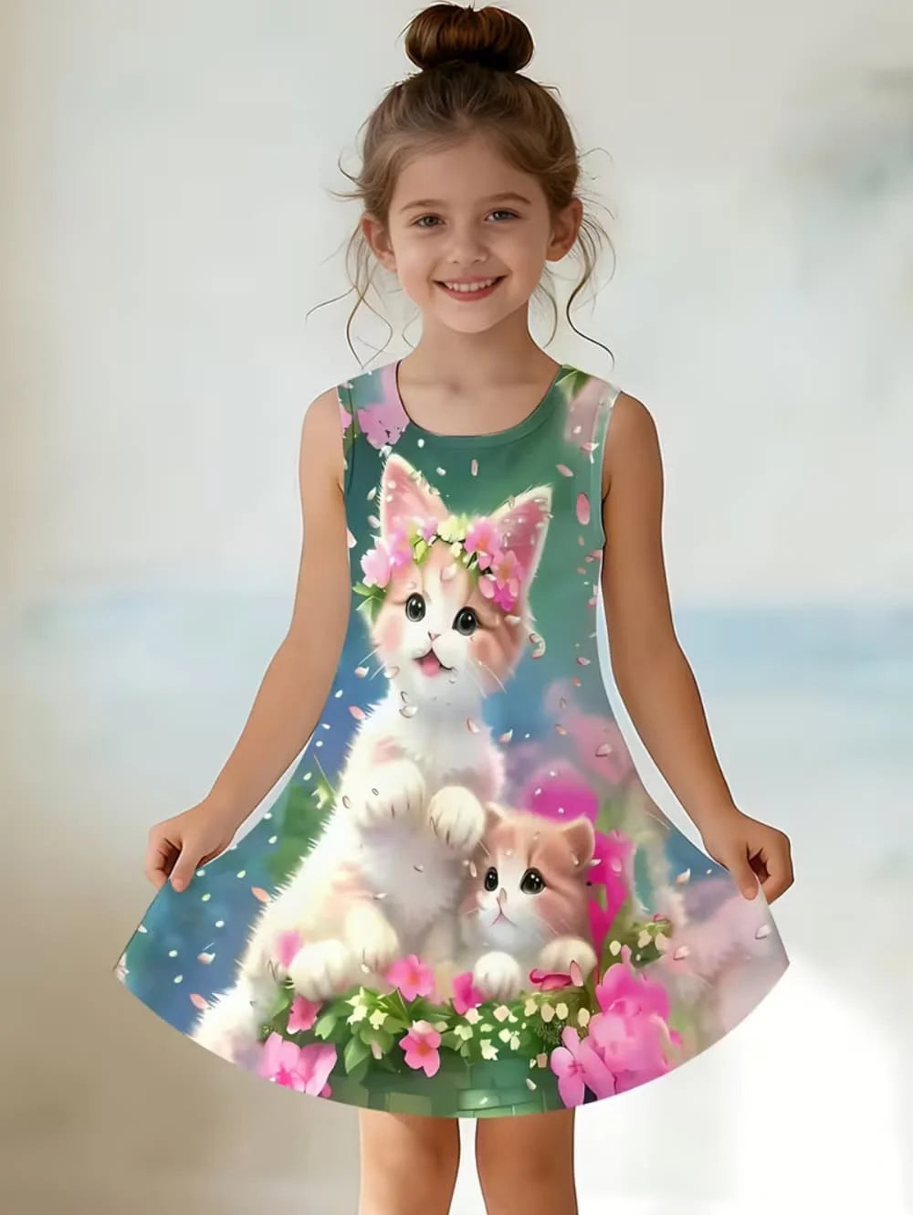 Girl Clothes Cartoon Cat Graphic Printed Girls' Princess Dress Summer Casual Dress for Girls Outfit O-Neck Birthday Gift Clothes