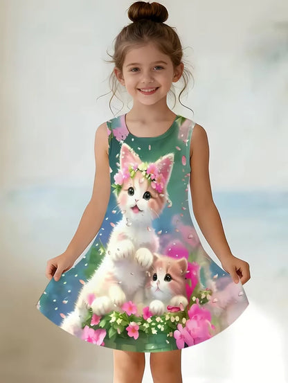 Girl Clothes Cartoon Cat Graphic Printed Girls' Princess Dress Summer Casual Dress for Girls Outfit O-Neck Birthday Gift Clothes