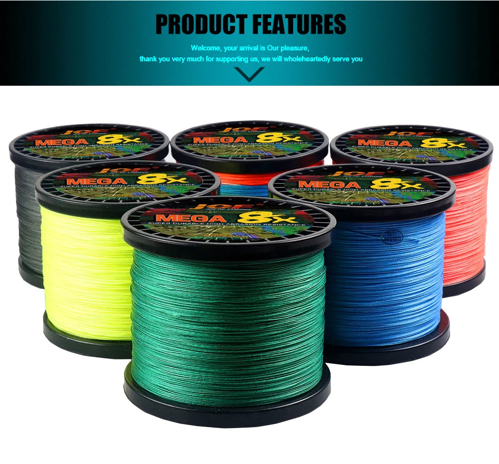 JOF 8 Strand 1000M 500M 300M 100M Japan Super Strong PE Braided Fishing Line Multifilament Braid Thread X8 18-78LBS